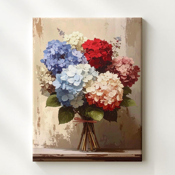 Muted Hydrangea Bouquet Canvas – Red, Off-White & Blue on Vintage Beige - Gifitto