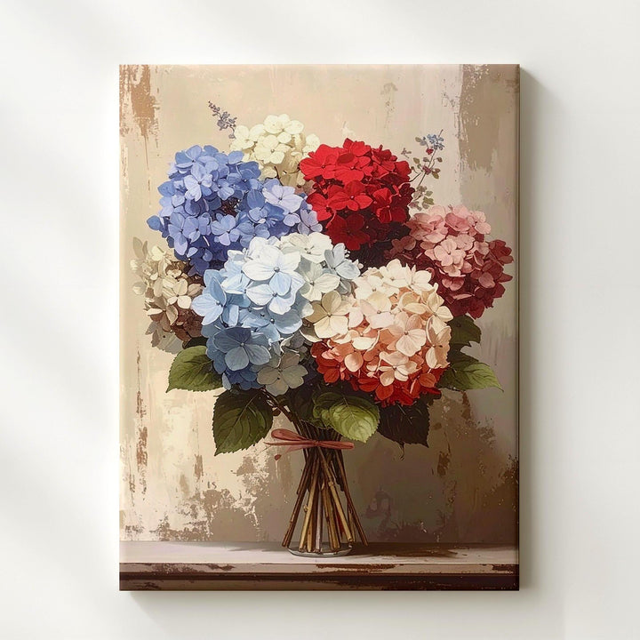 Muted Hydrangea Bouquet Canvas – Red, Off-White & Blue on Vintage Beige - Gifitto