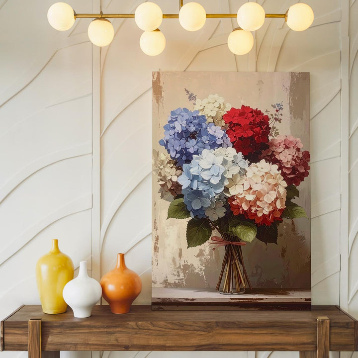 Muted Hydrangea Bouquet Canvas – Red, Off-White & Blue on Vintage Beige - Gifitto