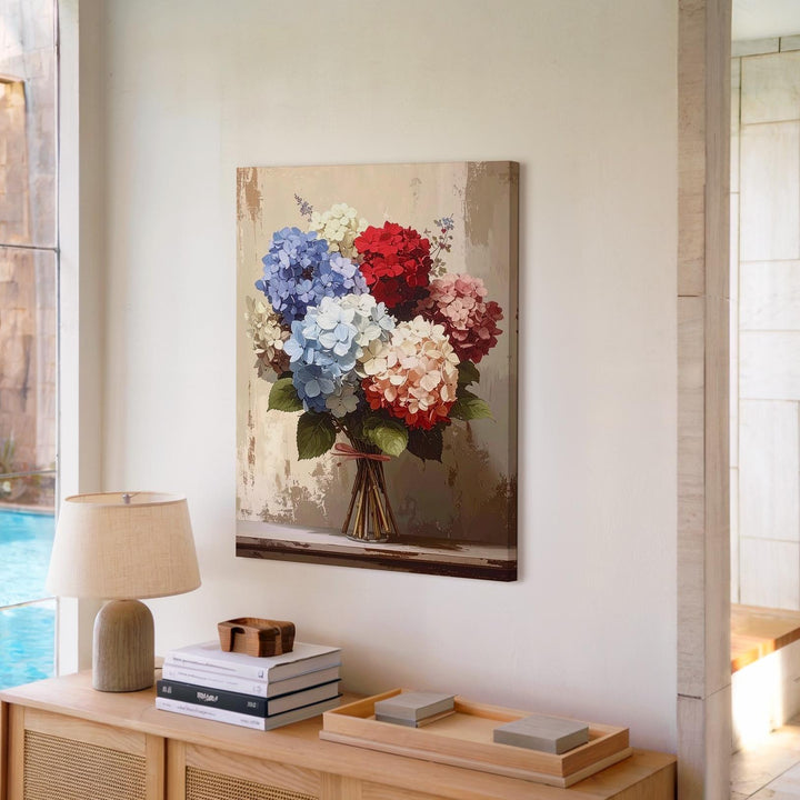 Muted Hydrangea Bouquet Canvas – Red, Off-White & Blue on Vintage Beige - Gifitto