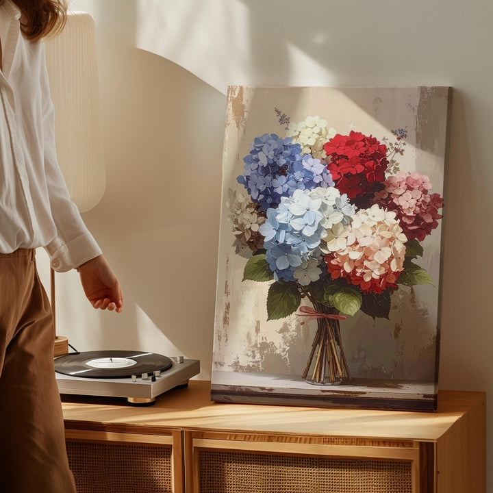 Muted Hydrangea Bouquet Canvas – Red, Off-White & Blue on Vintage Beige - Gifitto