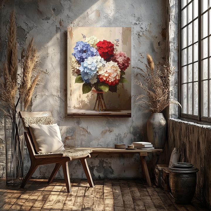Muted Hydrangea Bouquet Canvas – Red, Off-White & Blue on Vintage Beige - Gifitto