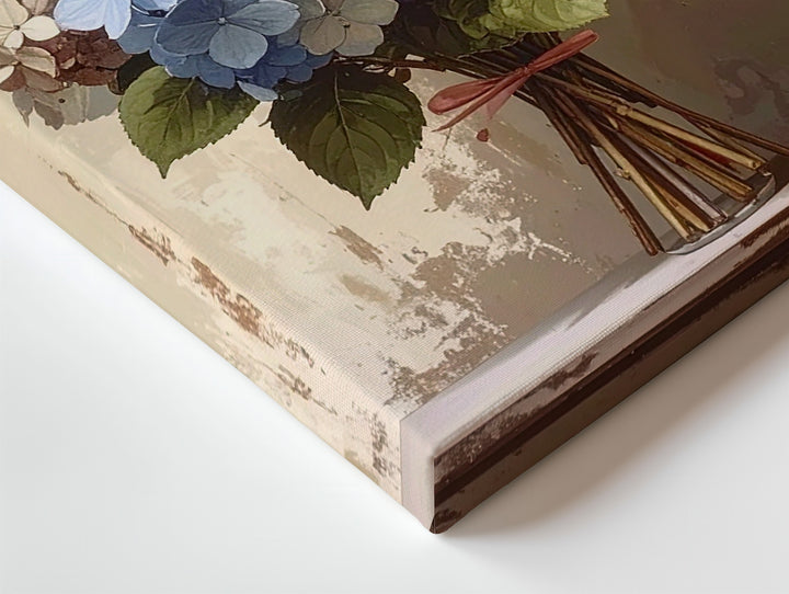 Muted Hydrangea Bouquet Canvas – Red, Off-White & Blue on Vintage Beige - Gifitto