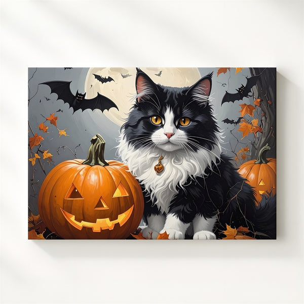 Witch’s Cat & Pumpkin Canvas – Halloween Familiar with Gothic Charm - Gifitto