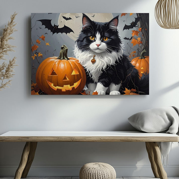 Witch’s Cat & Pumpkin Canvas – Halloween Familiar with Gothic Charm - Gifitto