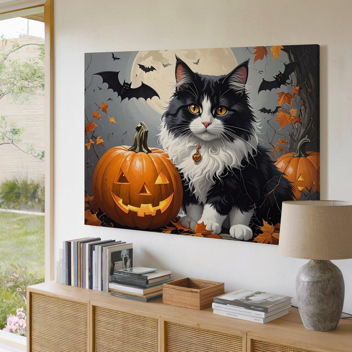 Witch’s Cat & Pumpkin Canvas – Halloween Familiar with Gothic Charm - Gifitto