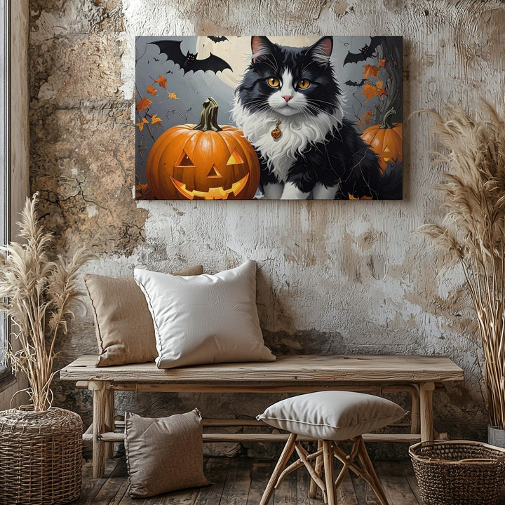 Witch’s Cat & Pumpkin Canvas – Halloween Familiar with Gothic Charm - Gifitto