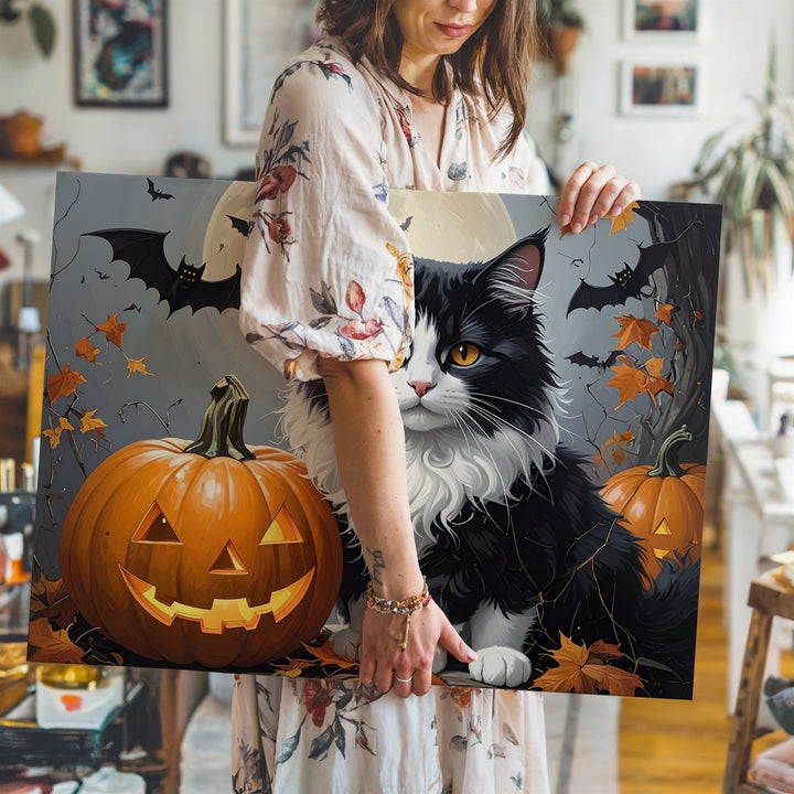 Witch’s Cat & Pumpkin Canvas – Halloween Familiar with Gothic Charm - Gifitto