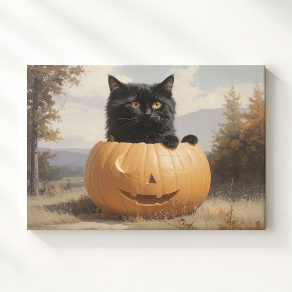 Black Cat in Pumpkin Canvas – Cute & Mysterious Halloween Wall Art - Gifitto