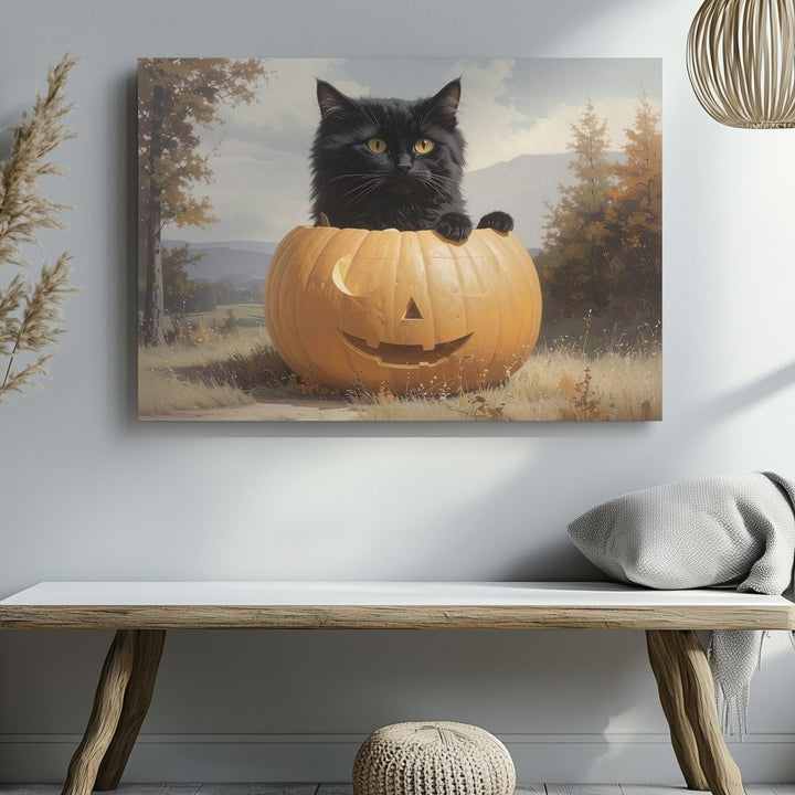 Black Cat in Pumpkin Canvas – Cute & Mysterious Halloween Wall Art - Gifitto
