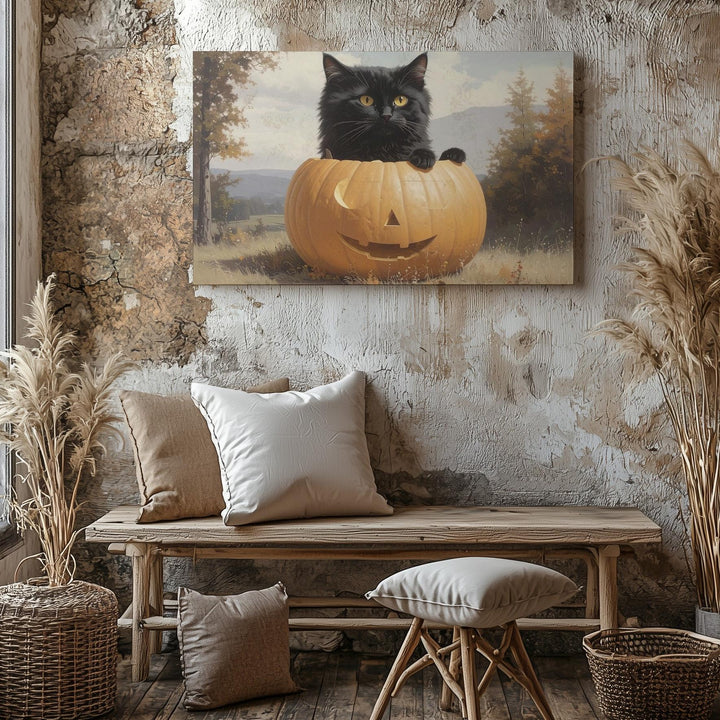 Black Cat in Pumpkin Canvas – Cute & Mysterious Halloween Wall Art - Gifitto
