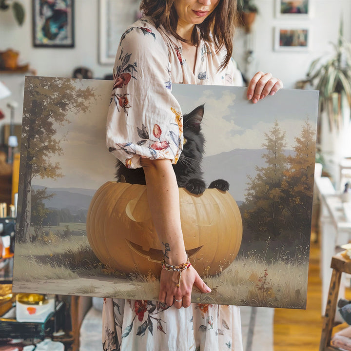 Black Cat in Pumpkin Canvas – Cute & Mysterious Halloween Wall Art - Gifitto