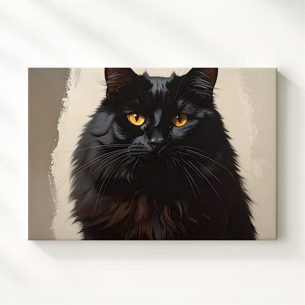 Elegant Black Cat Canvas – Fluffy Amber-Eyed Halloween Guardian Art - Gifitto