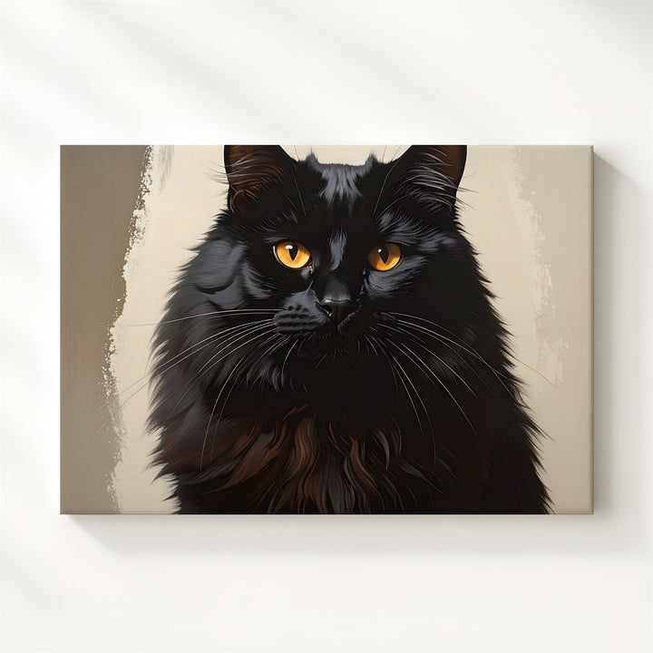 Elegant Black Cat Canvas – Fluffy Amber-Eyed Halloween Guardian Art - Gifitto
