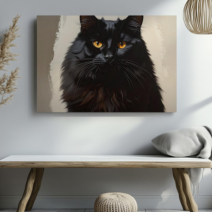 Elegant Black Cat Canvas – Fluffy Amber-Eyed Halloween Guardian Art - Gifitto