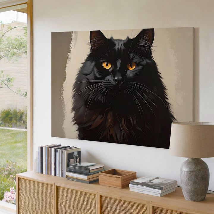 Elegant Black Cat Canvas – Fluffy Amber-Eyed Halloween Guardian Art - Gifitto
