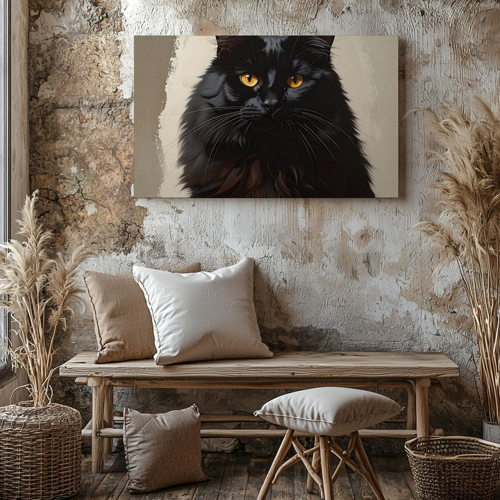 Elegant Black Cat Canvas – Fluffy Amber-Eyed Halloween Guardian Art - Gifitto