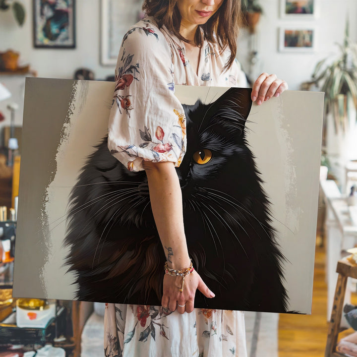 Elegant Black Cat Canvas – Fluffy Amber-Eyed Halloween Guardian Art - Gifitto