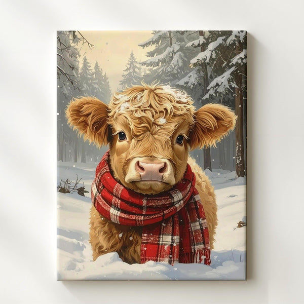 Highland Calf Christmas Canvas – Rustic Holiday Farmhouse Wall Art - Gifitto