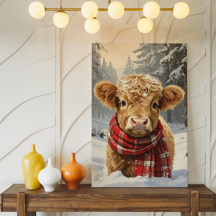 Highland Calf Christmas Canvas – Rustic Holiday Farmhouse Wall Art - Gifitto