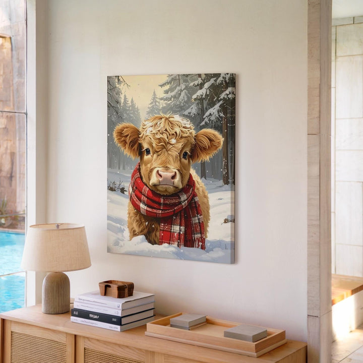 Highland Calf Christmas Canvas – Rustic Holiday Farmhouse Wall Art - Gifitto