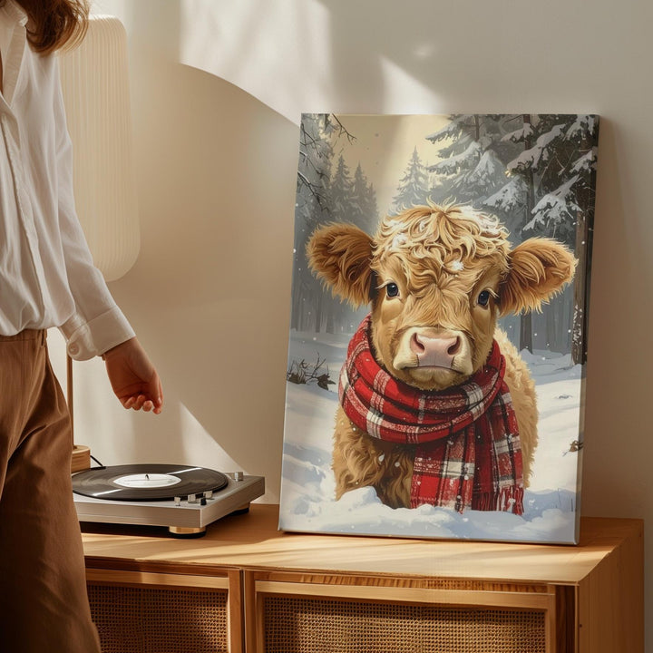 Highland Calf Christmas Canvas – Rustic Holiday Farmhouse Wall Art - Gifitto
