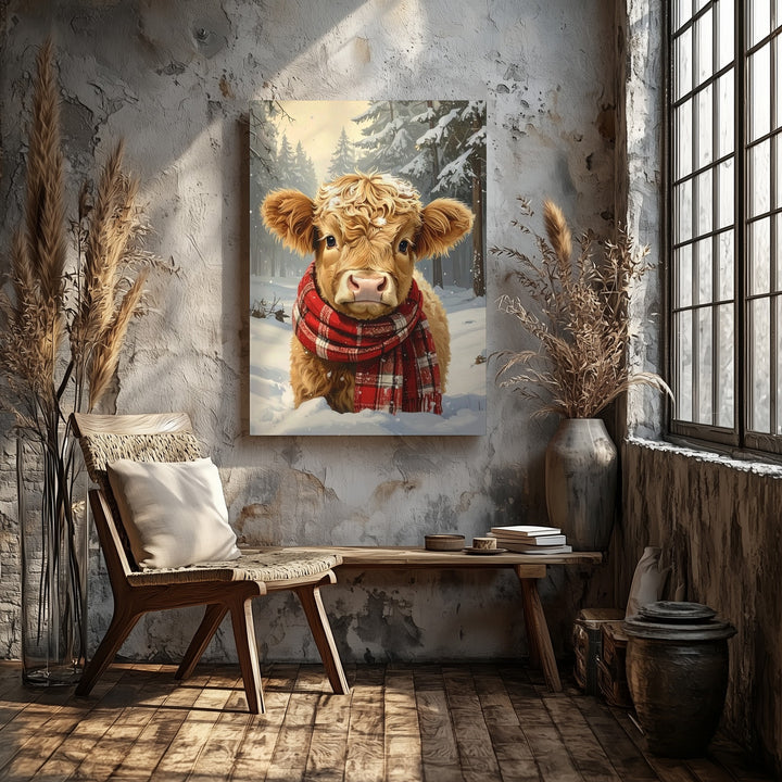 Highland Calf Christmas Canvas – Rustic Holiday Farmhouse Wall Art - Gifitto