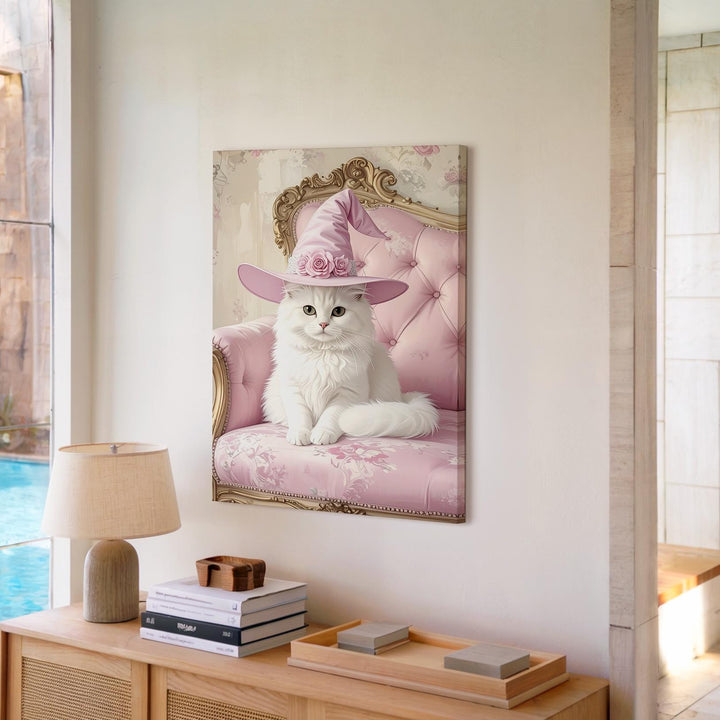 Witchy White Cat Canvas – Elegant Halloween Portrait with Vintage Flair - Gifitto
