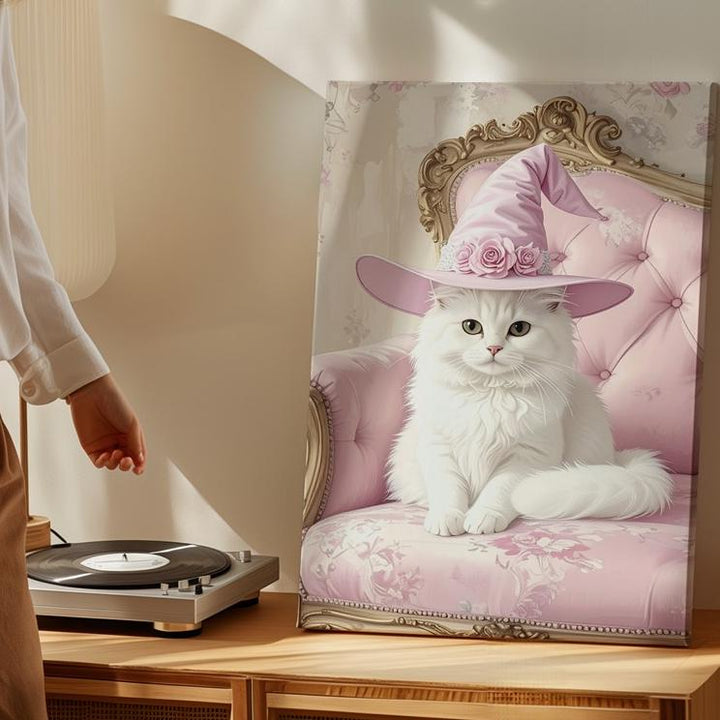 Witchy White Cat Canvas – Elegant Halloween Portrait with Vintage Flair - Gifitto