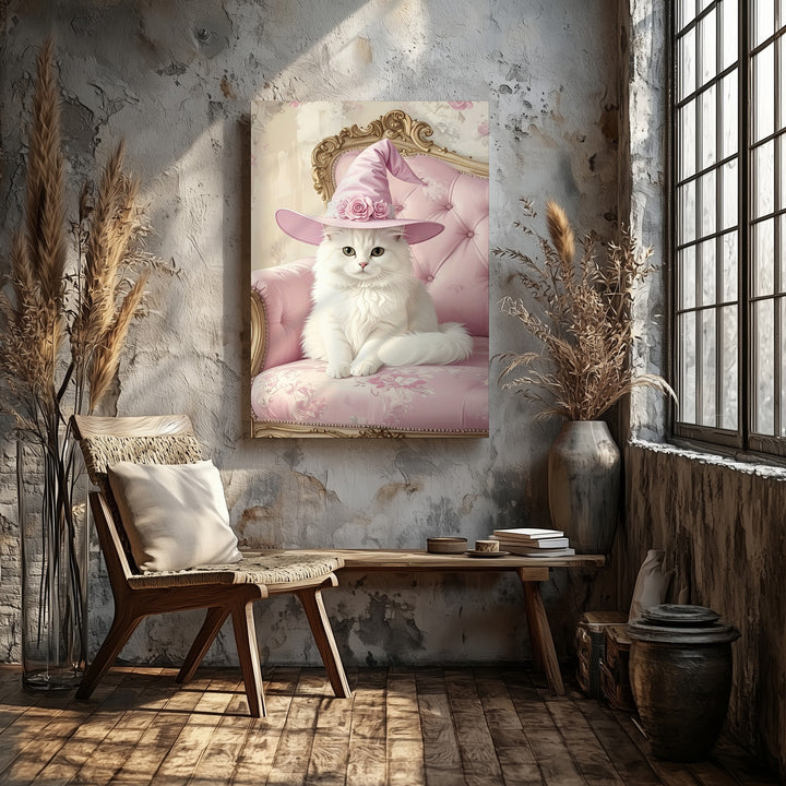 Witchy White Cat Canvas – Elegant Halloween Portrait with Vintage Flair - Gifitto
