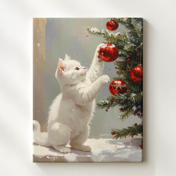 Playful Christmas Kitten Canvas – Whimsical Holiday Wall Art with Ornaments - Gifitto