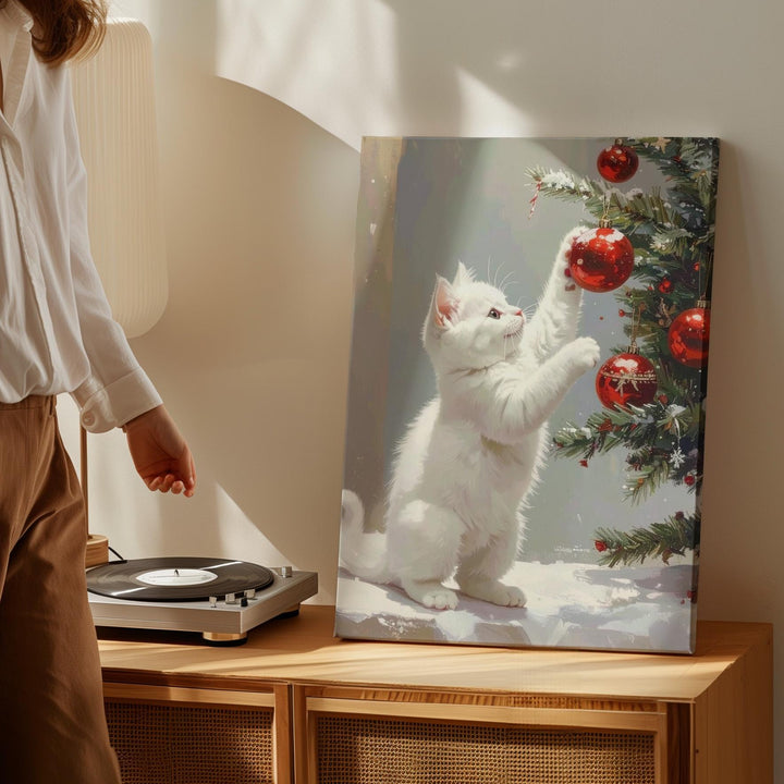Playful Christmas Kitten Canvas – Whimsical Holiday Wall Art with Ornaments - Gifitto