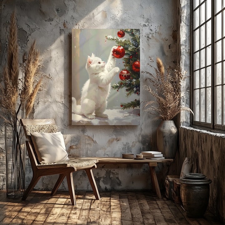 Playful Christmas Kitten Canvas – Whimsical Holiday Wall Art with Ornaments - Gifitto