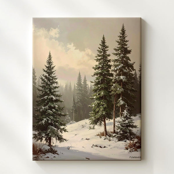 Serene Winter Pines Canvas – Soft Green and White Forest Holiday Art - Gifitto