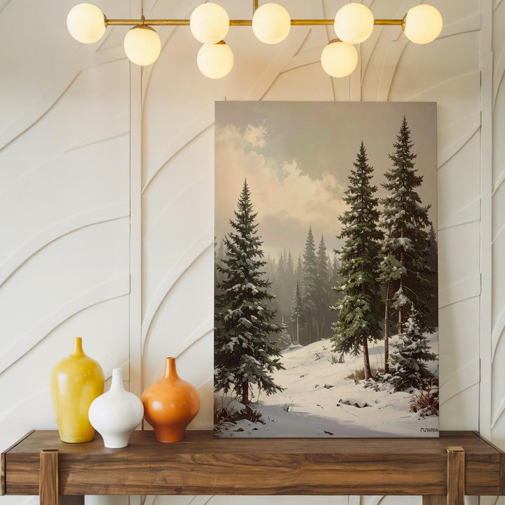 Serene Winter Pines Canvas – Soft Green and White Forest Holiday Art - Gifitto