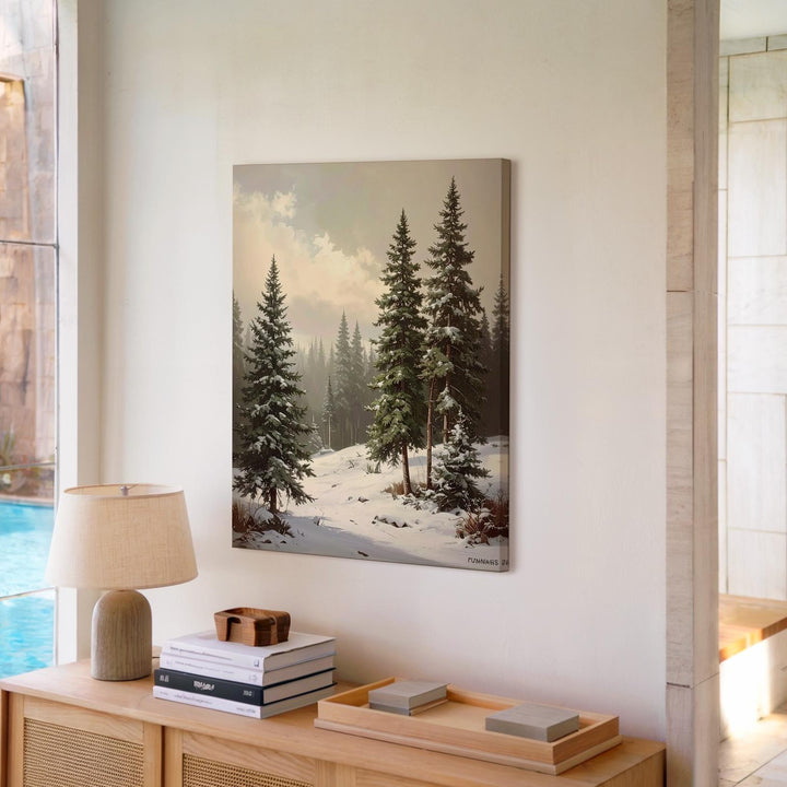 Serene Winter Pines Canvas – Soft Green and White Forest Holiday Art - Gifitto