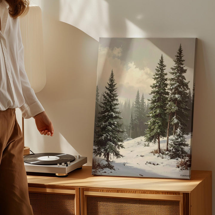 Serene Winter Pines Canvas – Soft Green and White Forest Holiday Art - Gifitto