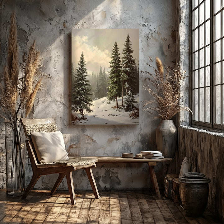 Serene Winter Pines Canvas – Soft Green and White Forest Holiday Art - Gifitto