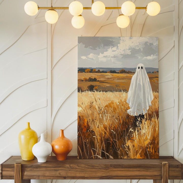 Ghost in Autumn Field Canvas – Peaceful Countryside Halloween Art - Gifitto