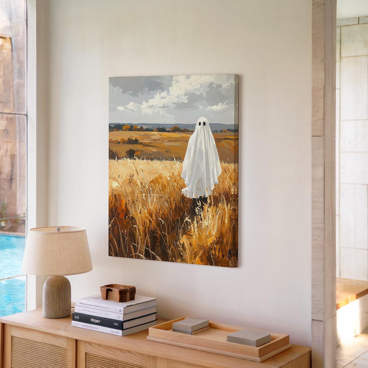 Ghost in Autumn Field Canvas – Peaceful Countryside Halloween Art - Gifitto