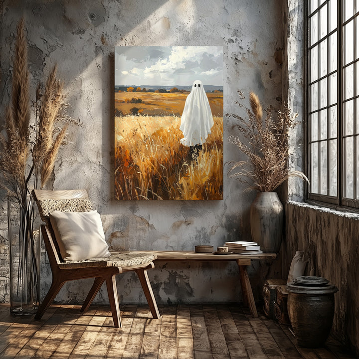 Ghost in Autumn Field Canvas – Peaceful Countryside Halloween Art - Gifitto