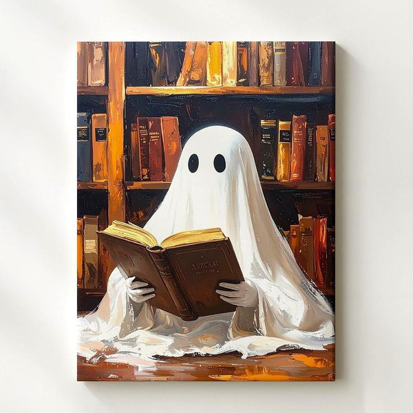 Ghost in Library with Spellbook Canvas – Cozy Dark Academia Halloween Art - Gifitto
