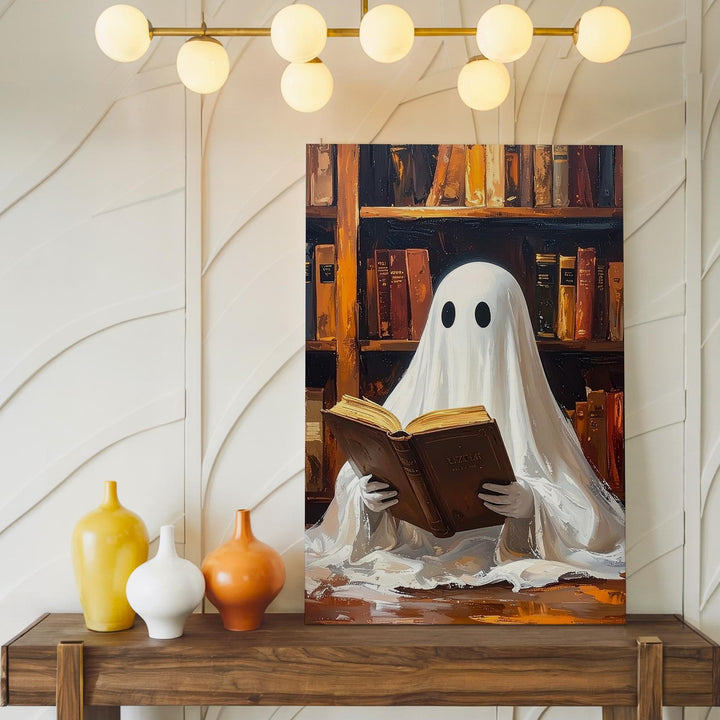 Ghost in Library with Spellbook Canvas – Cozy Dark Academia Halloween Art - Gifitto