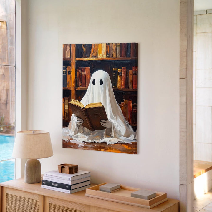 Ghost in Library with Spellbook Canvas – Cozy Dark Academia Halloween Art - Gifitto