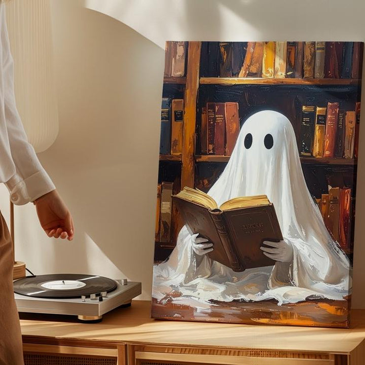 Ghost in Library with Spellbook Canvas – Cozy Dark Academia Halloween Art - Gifitto
