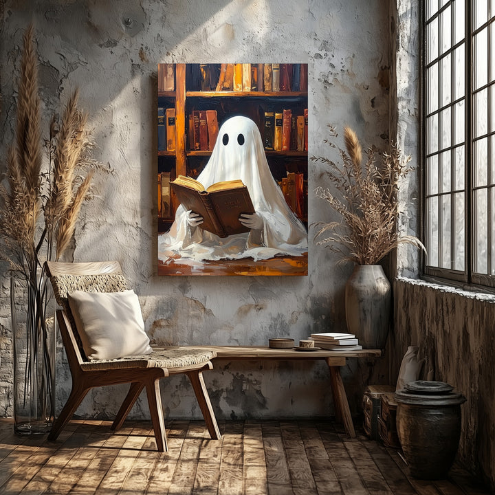 Ghost in Library with Spellbook Canvas – Cozy Dark Academia Halloween Art - Gifitto