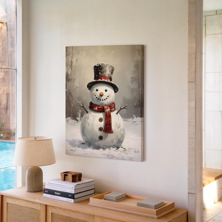 Joyful Snowman Canvas – Classic Holiday Wall Art with Red Scarf & Top Hat - Gifitto