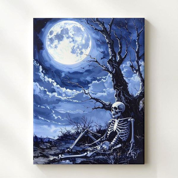 Moonlit Skeleton & Tree Canvas – Icy Blue Gothic Nighttime Art - Gifitto