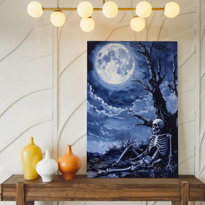 Moonlit Skeleton & Tree Canvas – Icy Blue Gothic Nighttime Art - Gifitto