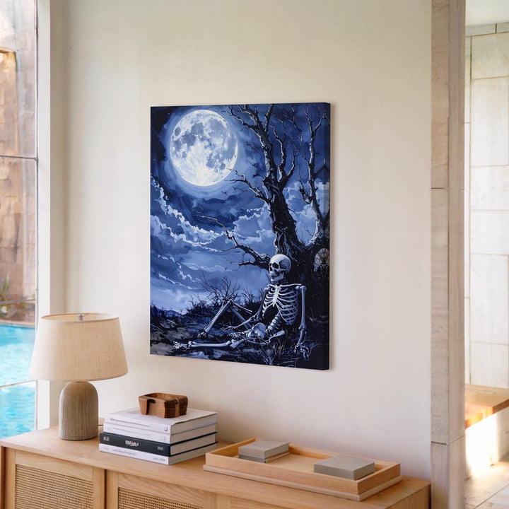 Moonlit Skeleton & Tree Canvas – Icy Blue Gothic Nighttime Art - Gifitto